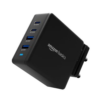 Amazon Basics 100W 4-Port GaN Charger | PD QC3.0 QC4.0 PPS Fast Charging Compact Adapter with Foldable Pins - Black