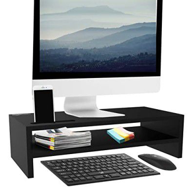 Amazon Basics 2-tier Wooden Monitor Riser Stand with Storage Organizer and Cellphone Holder (Black)