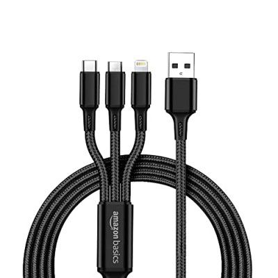 amazon basics 3 In 1 Charging Cable | Micro Usb Type-C And Lightning 15W Fast-Charging Cable | 1.2Mtr.