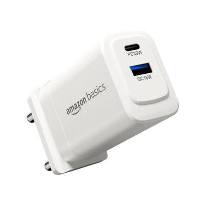 Amazon Basics 30W Dual Port Gan Charger | PD3.0 and QC3.0 PPS Fast Charging Compact Adapter with Foldable Plug (US/in Pins) |Without Cable (White)