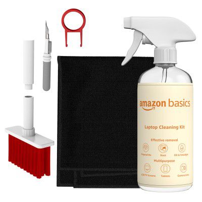 Amazon Basics 5-in-1 Professional Cleaning Kit for AirPods, Keyboard, Lens, Binocular, Laptop, TV, Monitor, Smartphone, Tablet | Includes Microfibre Cloth & 500 ml Cleaning Liquid