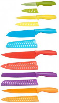 Amazon Basics 6 Stainless-Steel Colored Knives Set with Knife Covers