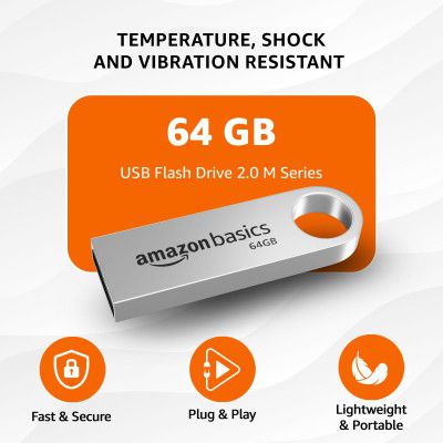 Amazon Basics 64 GB Flash Drive | USB 2.0 M Series | Metallic Silver