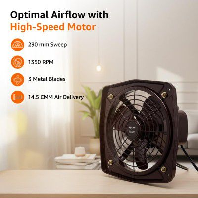 Amazon Basics 9" Fresh Air Exhaust Fan | 40W | 230 mm Sweep | Corded Electric | Window Mount | 45-52 dB | Indoor Use | Metal - Black