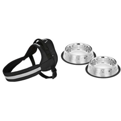 amazon basics Adjustable Comfort Harness | Reflective Harness | No Pull Dog Harness for Outdoor control | Large Stainless Steel Printed Pet Bowl, 700ml Pack of 2