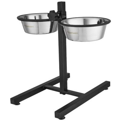 Amazon Basics Adjustable Double Diner for Food and Water| Extra Rubber Support |H-Base and Two Removable Stainless Steel Bowls 2 X 1500 ml