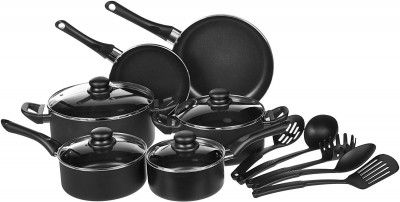 Amazon Basics Aluminium Non-Stick Black Cookware Set - 15 Piece