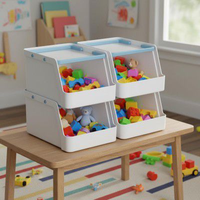 Amazon Basics Compact Single-Layer Storage Tray with Handles | 13.5 × 18.5 × 10.5 cm | White | Pack of 4