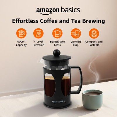 amazon basics French Press Coffee and Tea Maker | 4-Level Filtration System | 600ml (Black)