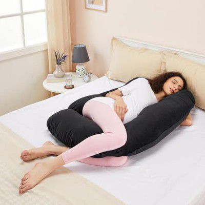 Amazon basics Full Body J-Shaped Pregnancy Pillow for Maternity & Baby Nursing | Abdomen, Hip, Spine, Neck & Head Support Cushion Velvet Outer Cover with Zip (Black)