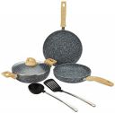 Amazon Basics Granite Finish Non Stick 5 Pcs Induction Base Cookware Set-Granito Grey (24cm Fry Pan, 24 cm Kadai, 28cm Tawa and 2 Nylon Spatulas)...