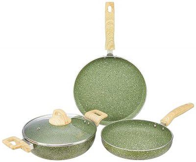 amazon basics Granite Finish Non Stick Cookware Set | Set of 3 |  24cm Fry Pan, 24 cm Kadai, 28cm Tawa | Olive Green