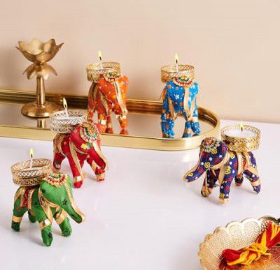 Amazon Basics Handcrafted Recycled Material Elephant Tealight Candle Holder for Diya Home Decoration - Set of 5