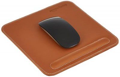 Amazon Basics Leatherette Mouse Pad Wrist Rest | Ergonomic Design & Stitched Edge | Cushion Foam Support for Ultimate Comfort | Non-Slip Hard Base (Tan)