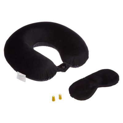Amazon Basics Memory Foam Travel Neck Pillow with Eye Mask & Ear Plugs Combo|Ultra Soft Velvet Fabric