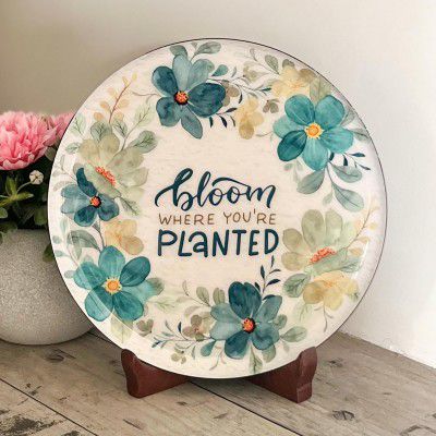 Amazon Basics Metal Bloom Where You are Planted Showpiece Plate with Wooden stand | 8 Inches | (21.5 x 20.5 x 5 cm)