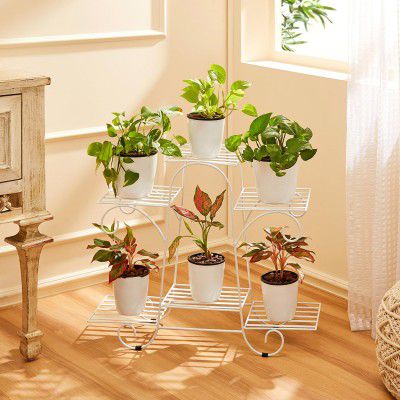 Amazon Basics Metal Planter Stand for Living Room, Indoor Outdoor Plant Stand for Balcony and Home Decor, Holds 6 Planters, White