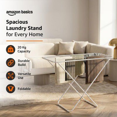 amazon basics Mild Steel Cloth Drying Stand - Folding, 30 Feet Drying Length, 8 Drying Rails, Lightweight (Silver)