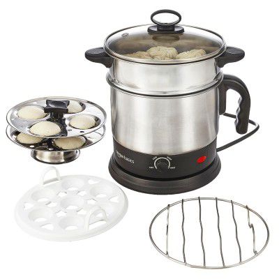 Amazon Basics Multi-Kettle Steamer 1.2L | Adjustable Power Modes 600 W | 7 - Egg Tray, Idli Tray, Iron Grill And Steamer | SS 201 Steel