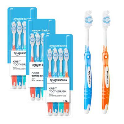Amazon Basics Orbit Toothbrush for Adults, Multicolour | 12-Count (4 × 3 Packs)