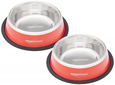 Amazon Basics Pet Feeding Bowl 700 ml, Red (Set of 2)