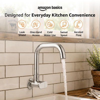 Amazon Basics Rectangular Kitchen Faucet | Cold-Only Single Lever Sink Tap with 360 Degree Swivel Spout |15mm / 1/2 BSP | Kitchen Use [Chrome]