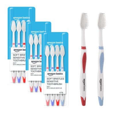 Amazon Basics SoftBristle Sensitive Toothbrush for Adults | 12-Count (4 × 3 Packs)