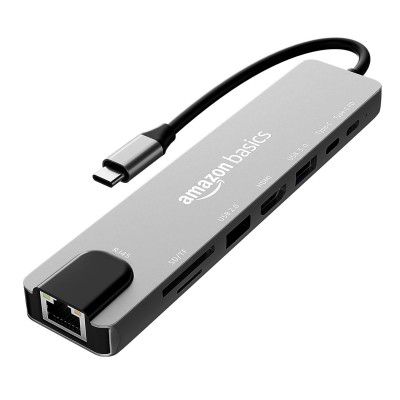 Amazon Basics USB-C Hub Dock 8-in-1 HDCP Aluminium Type-C Adapter with 4K HDMI Port