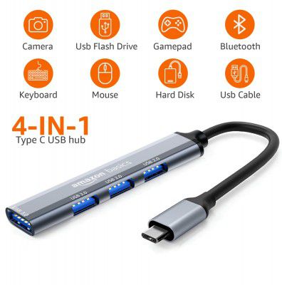 Amazon Basics USB-C Multiport Adapter with 1 USB 3.0 & 3 USB 2.0 Ports, Plug & Play, Built-in Smart Chip, Compatible with MacBook, Laptop, Tablet, Smartphone, and More