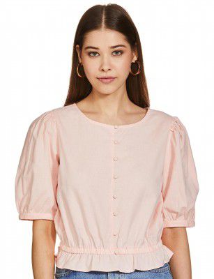 Amazon Brand - Eden & Ivy Women's Cotton Flax Half Sleeve Round-Neck Regular Fit Peplum Top