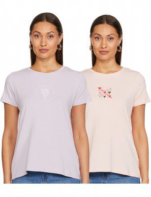 Amazon Brand - Eden & Ivy Women's Cotton Stretch Half Sleeve Round Neck Regular Fit T-Shirt (Assorted Prints | Pack of 2)
