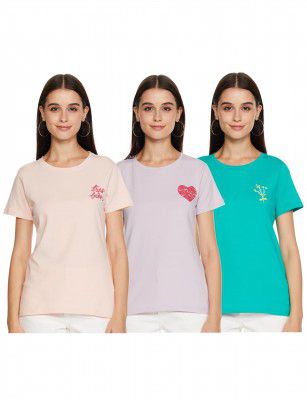 Amazon Brand - Eden & Ivy Women's Cotton Stretch Half Sleeve Round Neck Regular Fit T-Shirt (Assorted Prints | Pack of 3)
