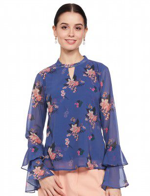 Amazon Brand - Eden & Ivy Women's Printed Georgette Round Neck Bell Sleeve Regular Fit Top