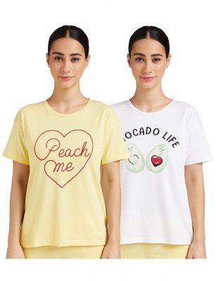 Amazon Brand - Eden & Ivy Women's Solid Regular T-Shirt (Pack of 2) (ENISS22WTE501_White & Yellow XS)