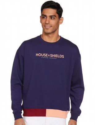 Amazon Brand - House & Shields Men's Relaxed Fit Crew Neck Cotton Blend Sweatshirt (HS-A22-SW-03_Medieval Blue,Yellow_XL)