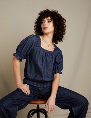 INKAST Solid Regular Fit Women's Denim Square Neck Puff Sleeve Crop Top