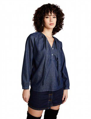 Amazon Brand - INKAST Solid Women's Denim Full Sleeve Regular Fit Tie-up Neck Blouse