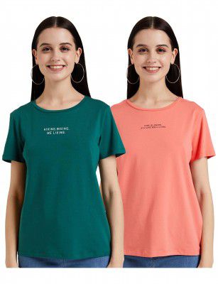 Amazon Brand - INKAST Women's Cotton Stretch Half Sleeve Round Neck Regular Fit T-Shirt (Pack of 2)