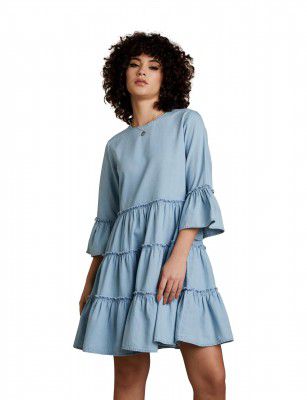 Amazon Brand - INKAST Women's Denim A-Line One Piece Knee-Length Tiered Dress