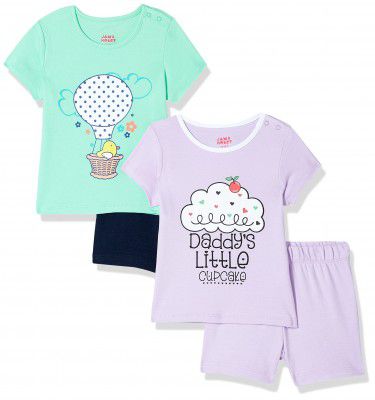 Amazon Brand - Jam & Honey Baby-Girl's 100% Soft & Pure Cotton Short Sleeve Tee with Shorts - Clothing Set