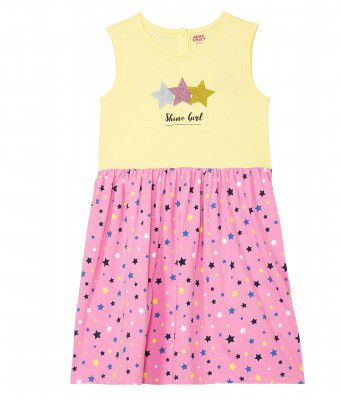 Amazon Brand - Jam & Honey Girl's 100% Soft & Pure Cotton Comfortable and Stylish Sleeveless Casual Printed Jersey Knee-Length Dress for Play & Everyday Wear