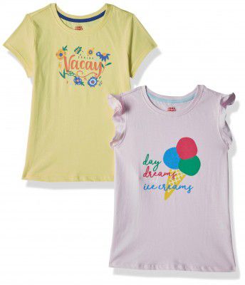 Amazon Brand - Jam & Honey Regular Fit Girls 100% Cotton Printed Half Sleeves T-Shirt | Age 2-12 Years (Pack of 2)