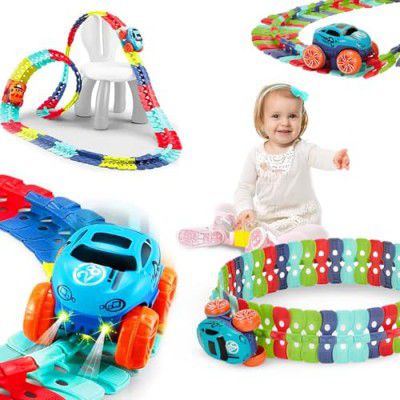 Amazon Brand - Jam & Honey - Monster Wheels Track Set - 102 Pcs Anti Gravity Toy Endless DIY Flexible Bends Adventure