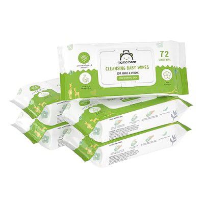 Amazon Brand - Mama Bear Cleansing Baby Wipes With Lid, Enriched with Aloe vera & Vitamin E, Paraben Free, pH Balanced & Dermatologically tested, 72 Count (Pack of 5)