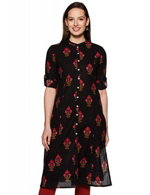 Amazon Brand - Myx Women's Cotton Screen Print Regular Fit Kurti (SS19FS022C_Black/Red_XL)