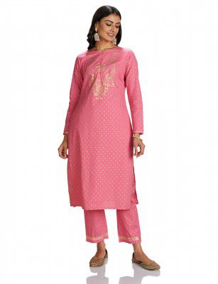 Amazon Brand - Myx Women's Solid Straight Printed Kurta and Pant Set in Cotton