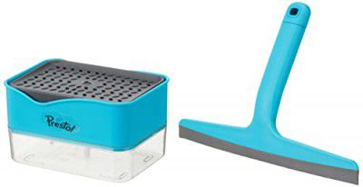 Amazon Brand - Presto! 2-in-1 Soap Dispenser for Dishwasher Liquid with Sponge Holder & Dual Blade Squeegee Wiper Combo