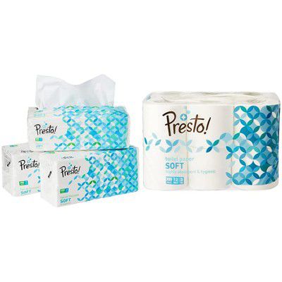 Amazon Brand - Presto! 2 Ply Facial Tissue Soft Poly Pack - 200 Pulls (Pack of 3) & Amazon Brand - Presto! 3 Ply Toilet Paper/Tissue Roll - 12 Rolls (300 Sheets Per Roll) Combo