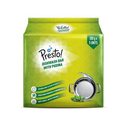 Amazon Brand - Presto! Dishwash Bar - Pudina | 200g | 5 Bars Each X Pack of 1