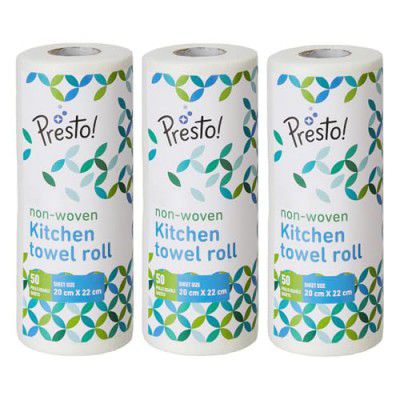 Amazon Brand - Presto! Non-Woven Reusable Kitchen Towel Roll | 50 Pulls | 150 Sheets (Pack of 3) | Size: 20 x 22 cm | White